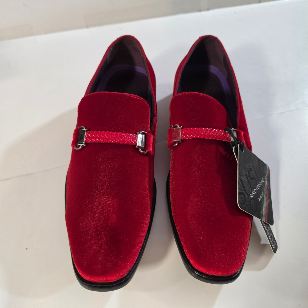 Suslo Couture Mens Red Velvet Loafers Slim Fit Dress Shoes 6753 Size 10 New